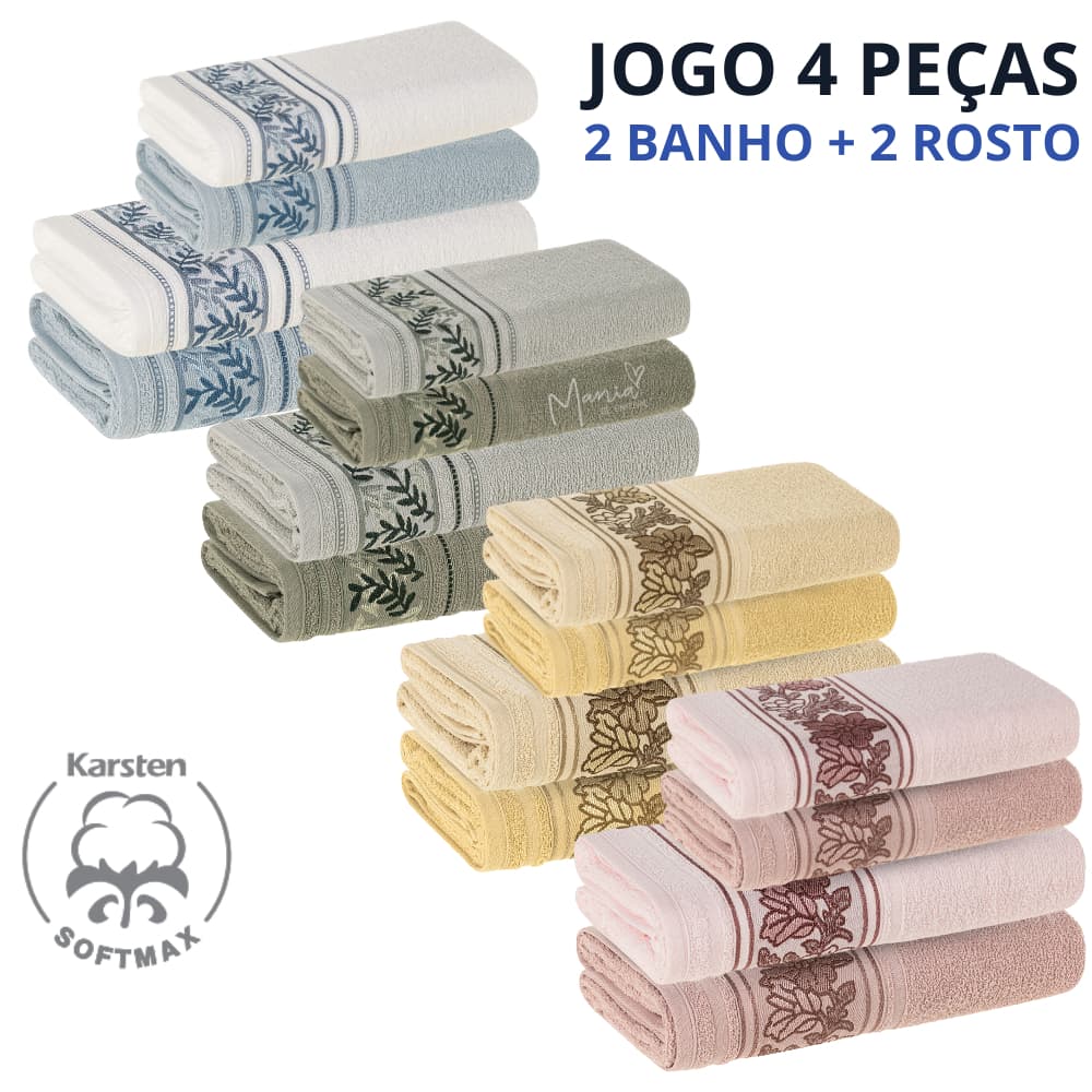 Jogo de Toalhas Karsten 100% Algodão 4 Pçs Macia Felpuda Soft Max Alta Absorção Anis Liana