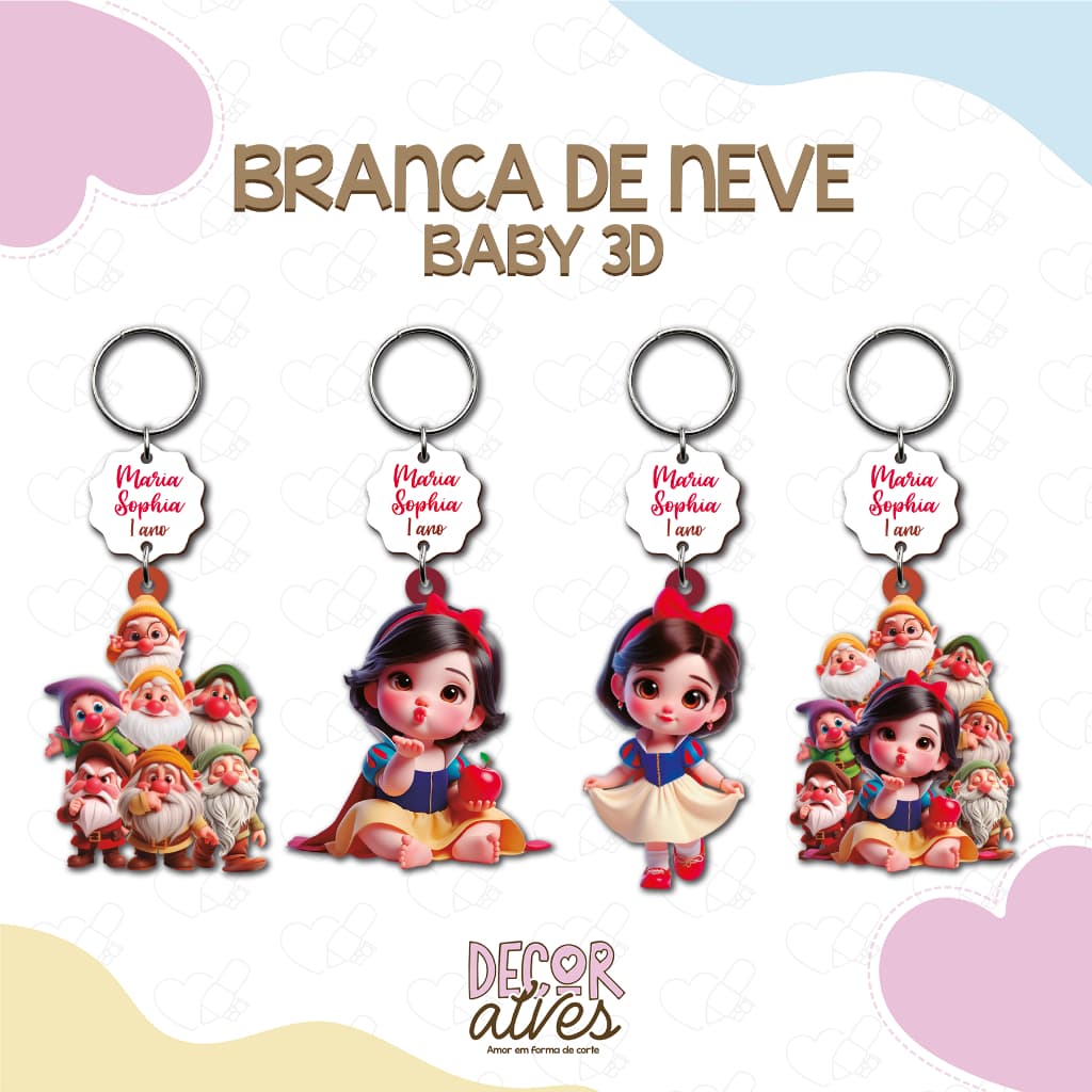 Branca de Neve Baby 3D - Chaveiro Personalizado MDF brilhoso Lembrancinha infantil