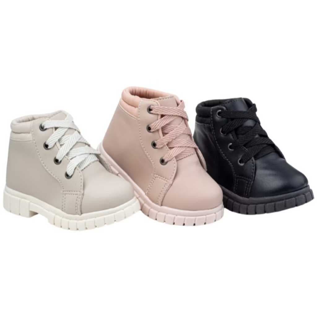 Bota Infantil Coturno 20 ao 27 Cano Curto Cacharréu Preto Nude Off White