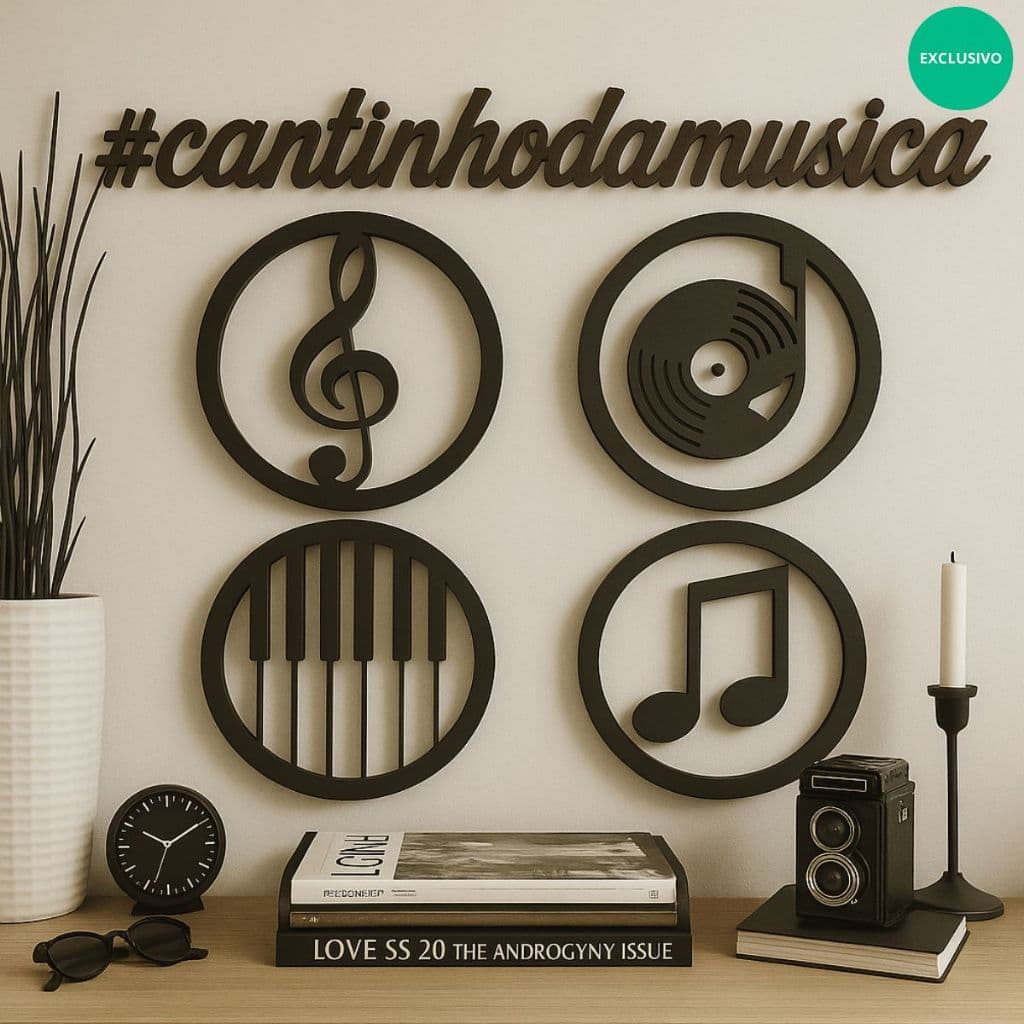 Kit 4 Quadros Musica Clave de Sol Teclado Piano Disco de Vinil Decorativo Parede Vazado Decoração