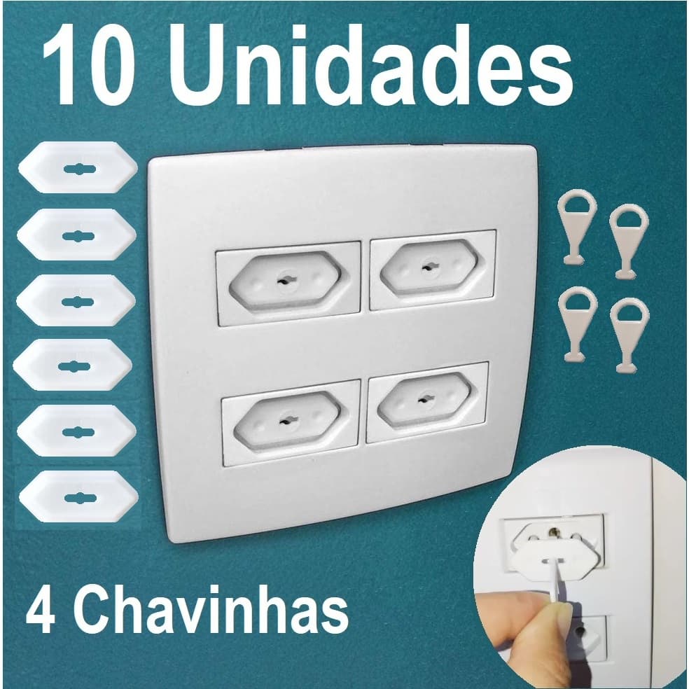 Kit 10 Protetores de Tomada e 4 Chavinhas Branco Antichoque Bebê Segurança