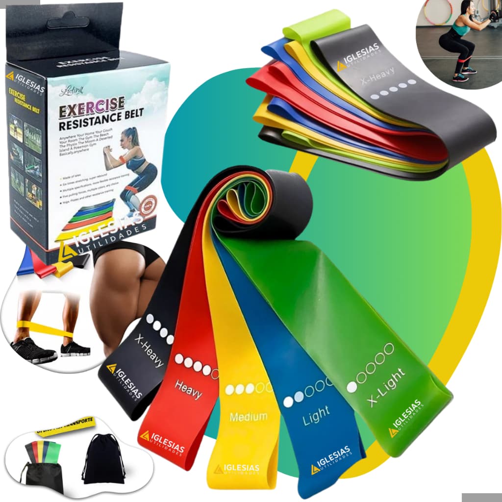 kit 5 Faixas Elástica de Resistência para yoga Pilates Treino Academia