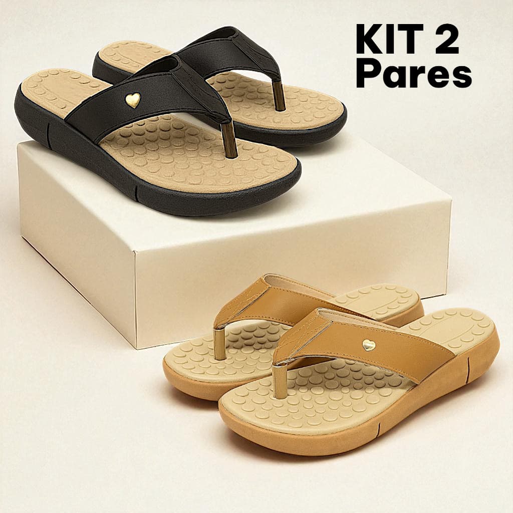 Kit 2 Pares Chinelo Tamanco Feminino Ortopédico Confortável Massageadora Caramelo e Preto
