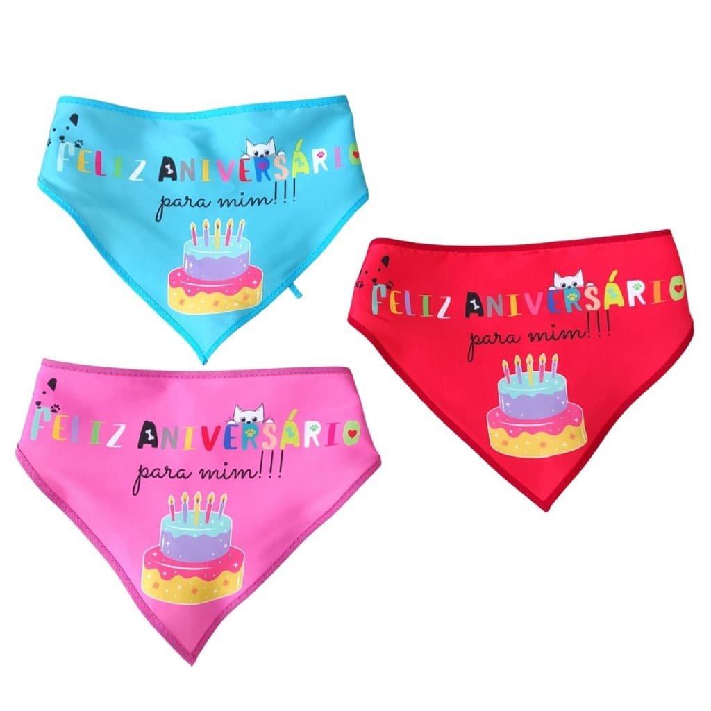 Bandana Feliz Aniversário Pet - Bandana Cachorro Gato Coelho - 4 Tamanhos Do P ao GG em 3 cores - Envio Imediato