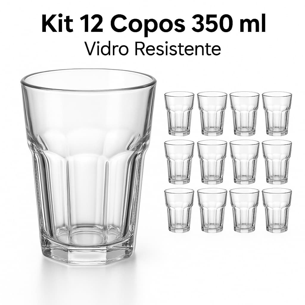 Jogo Copos Vidro 350ml Kit 6 ou 12 Ideal Para Suco, Água, Drinks, Vitaminas Vidro Resistente