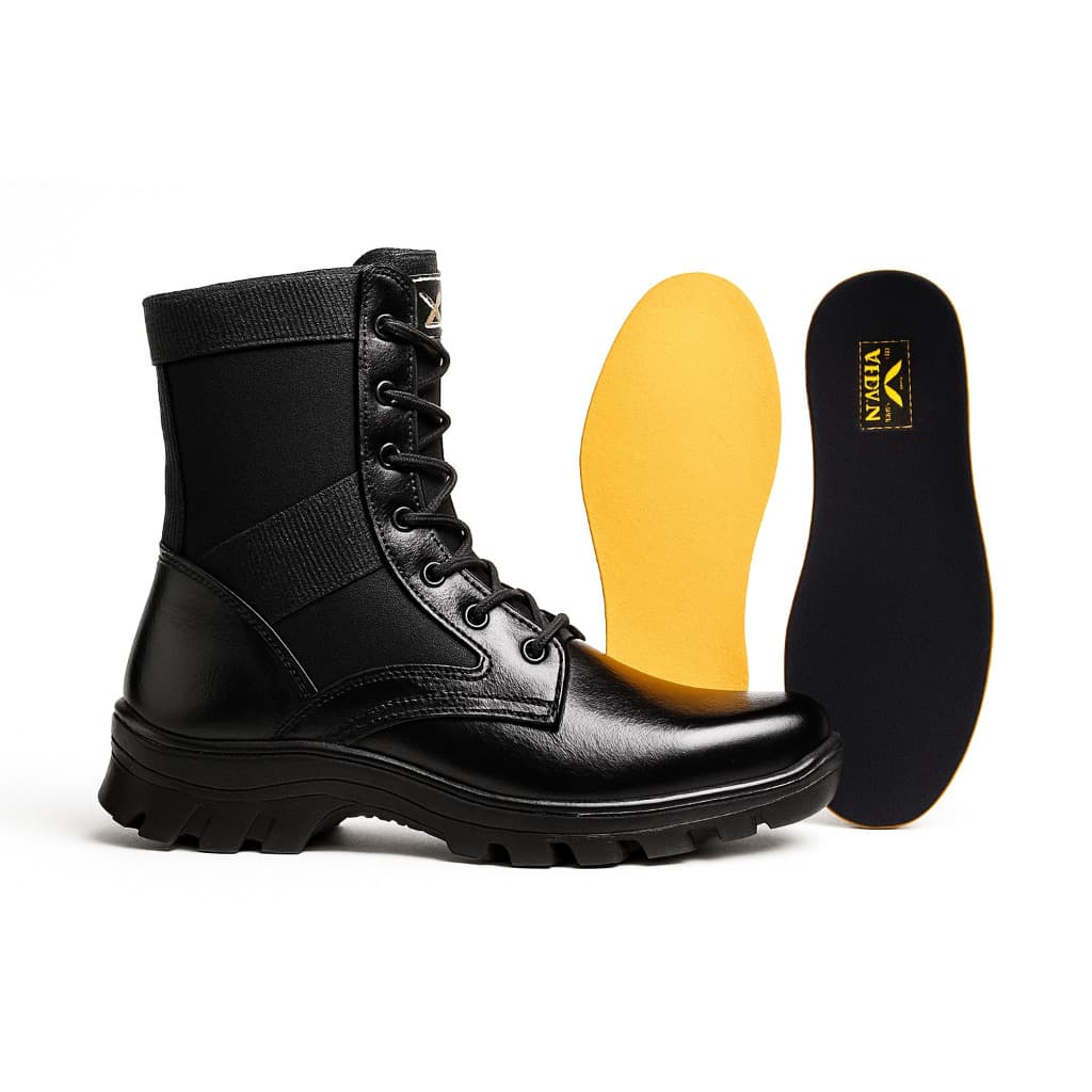 Bota Coturno Militar Tático Masculino Palmilha Gel Couro Legítimo Verniz Cano Médio Solado Costurado