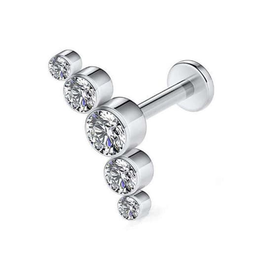Kit 1-12 Unidades Piercing Labret Aço Cirúrgico com 5 Pedras Zircônia para Orelha Tragus Labial