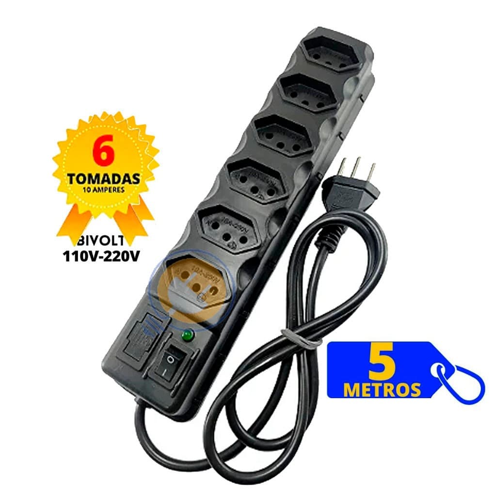 Filtro de Linha Preto 3, 4, 5 e 6 Tomadas Régua Elétrica 3 e 5 METROS