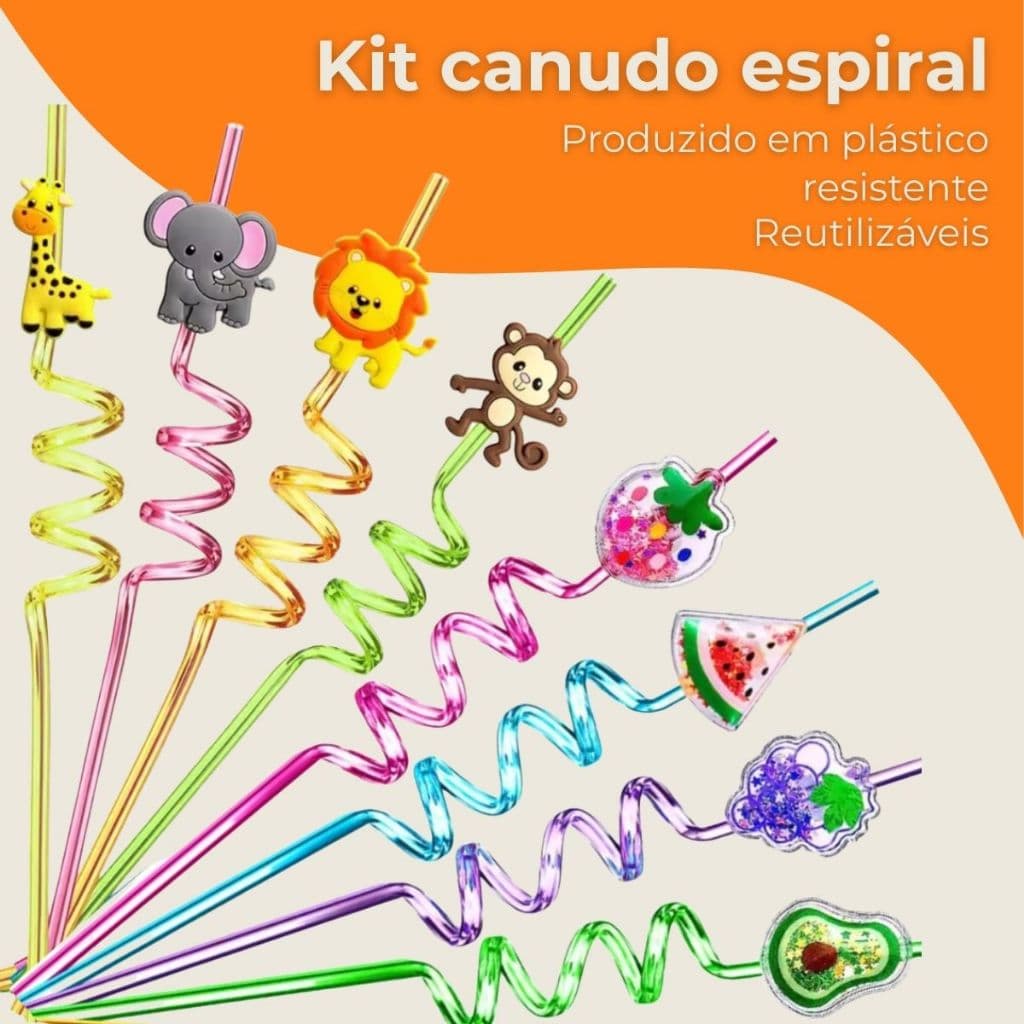 Kit 4 Canudos Espiral Reutilizáveis Sortidos – Animais ou Frutas, Cores Divertidas Silver Festas