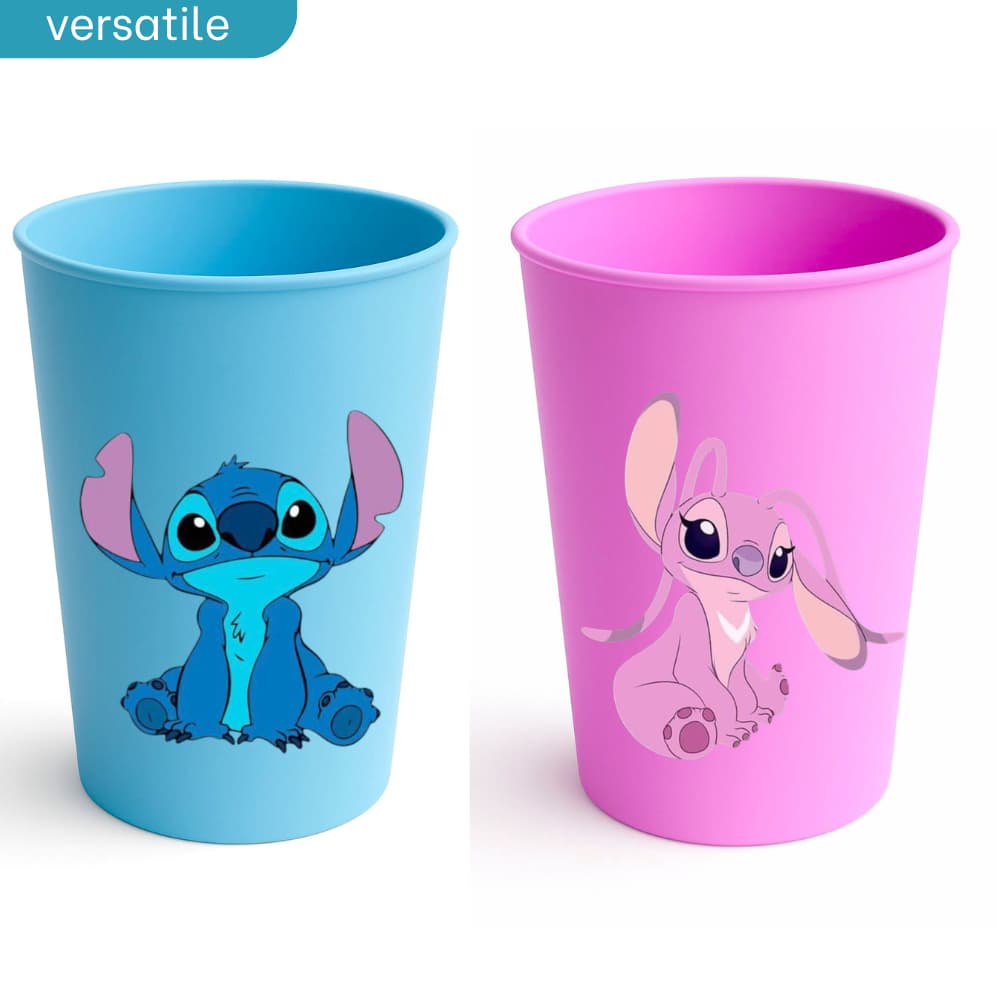 10-20-30 Copos de Plástico 380ml Resistentes Adesivados Stitch Angel Crianças Festas Lembrancinhas