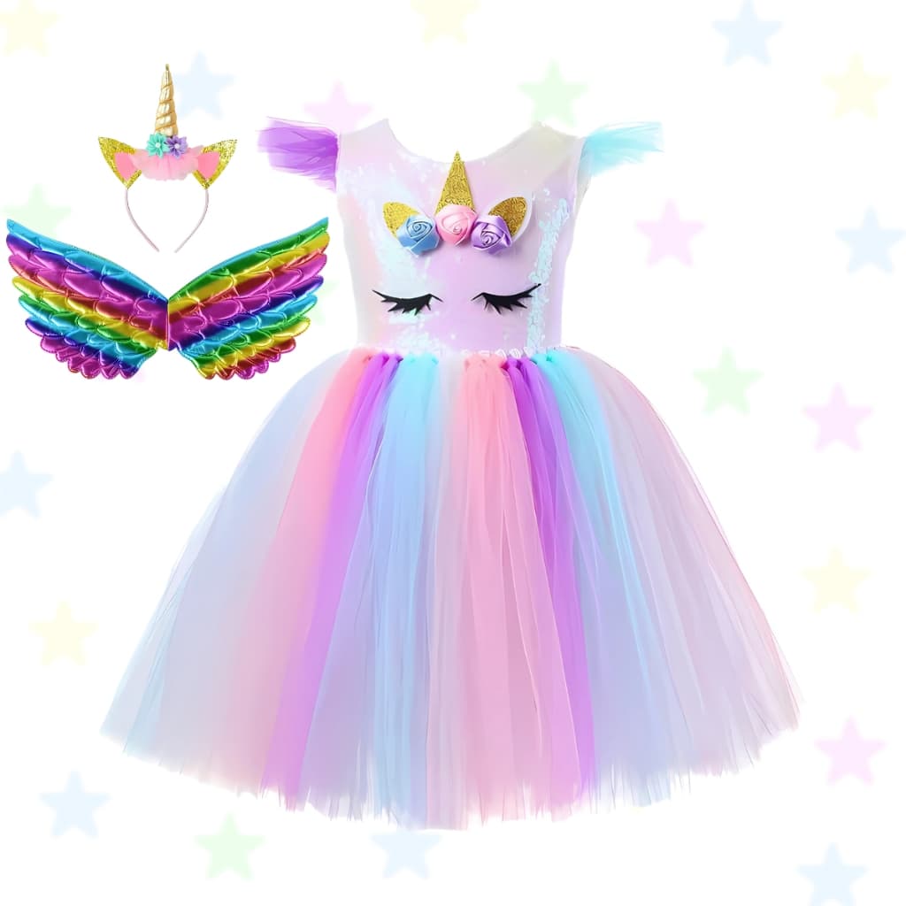 Vestido Unicornio Fantasia Infantil Menina Tutu Princesa Carnaval Aniversário Festas Asa Tiara