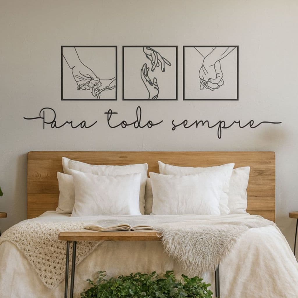 Kit 3 Quadros Casal Minimalista Decorativo Cabeceira + Frase de parede para todo sempre Mdf
