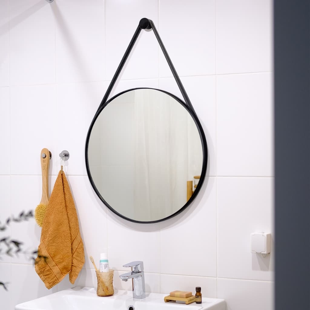 Espelho Decorativo Escritório com Alça Em Couro 60cm com Suporte Espelho para Banheiro Quarto Sala