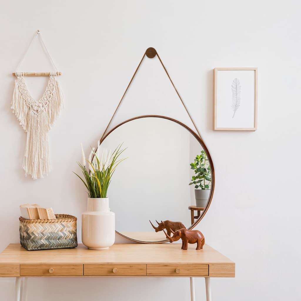 Espelho Redondo Adnet Parede com Alça em Couro Decorativo para Banheiro Lavabo 60cm com Pino Suporte