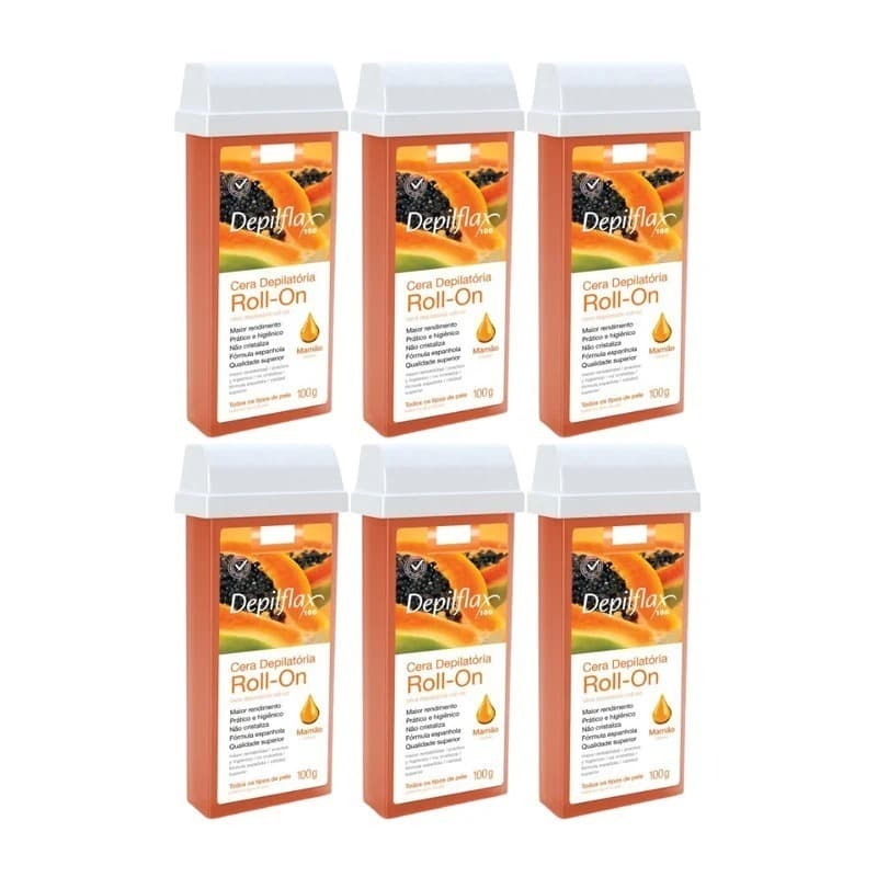 Cera Refil Roll On Depilflax Mamão Kit com 6 Unidades 100g