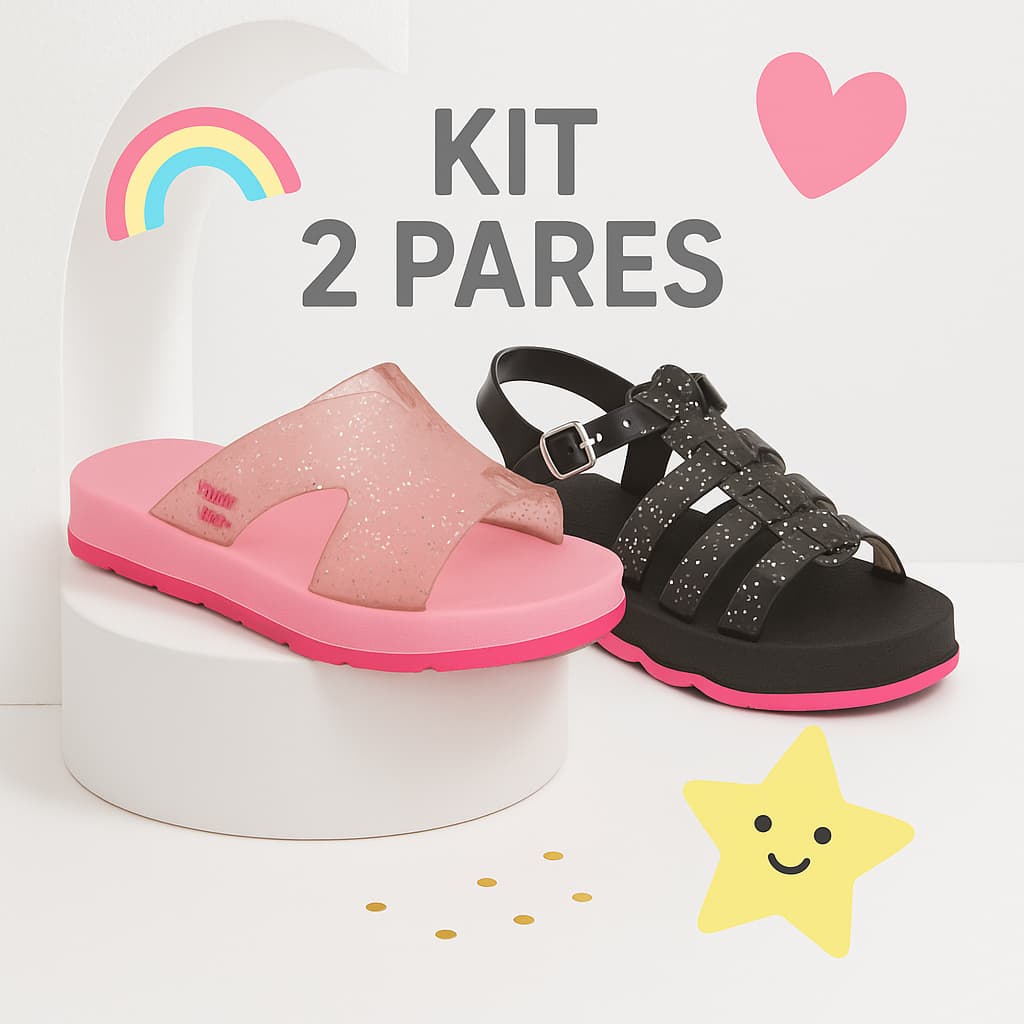 Kit 2 Pares Sandálias e Chinelo Infantis Femininas Confortável Glitter Antiderrapante Menina