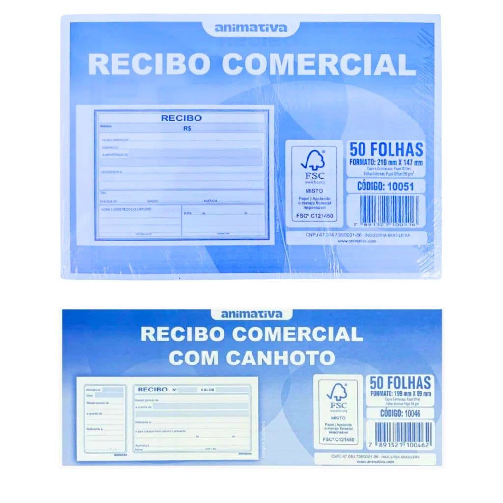 Bloco de Recibo Comercial 50 Folhas /Com ou sem canhoto/Grande ou Pequeno) - Animativa