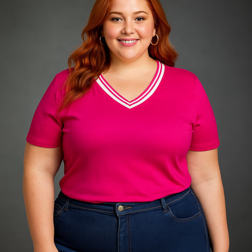 Blusinha Plus Size Feminina Soltinha Viscolycra Blusa Básica Elegante Estilosa Camiseta com Manga Gola V Malha Confortáv