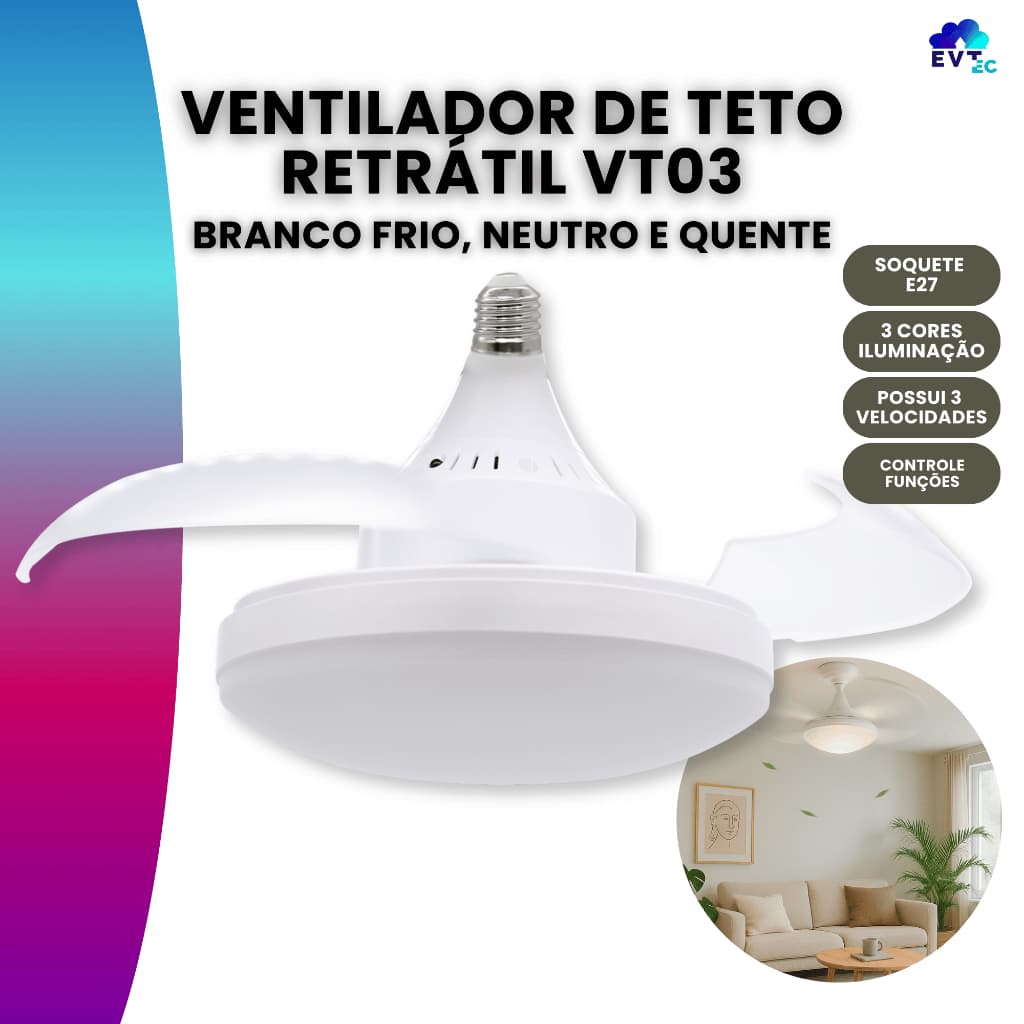 Ventilador de Teto Retrátil com Luz Ajustável Moderno Silencioso Controle Remoto VT03