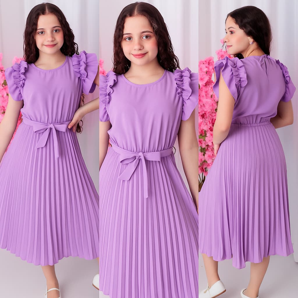 Vestido Juvenil Mídi Feminino Saia Plissada com forro e laço na Cintura moda evangélica  e Casual
