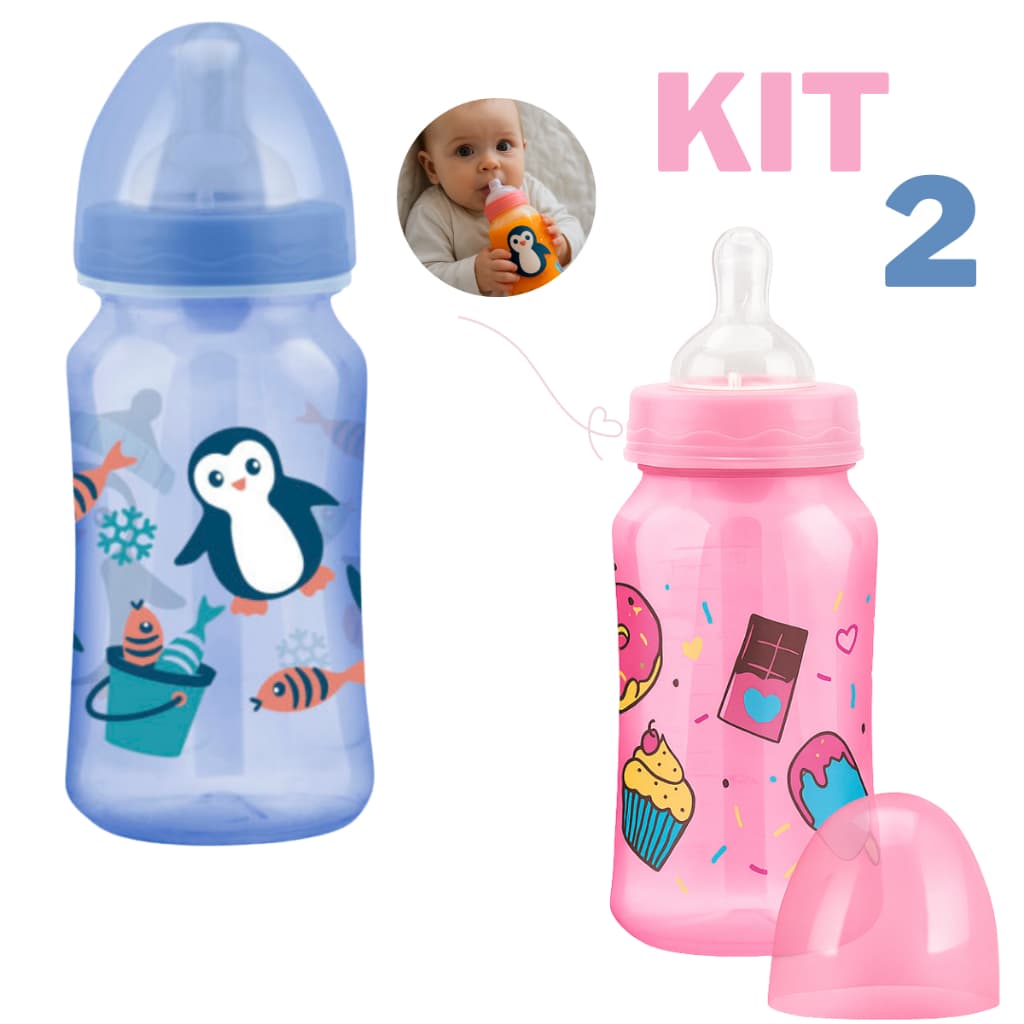 Kit com 2 Mamadeiras Estampadas com Bico Macio para Bebê