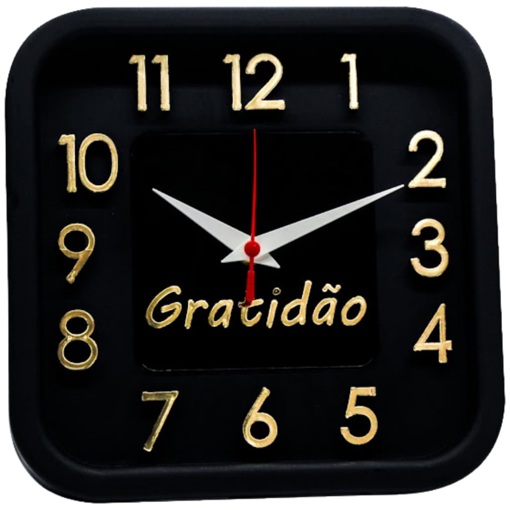 Relógio de Parede Preto  com Dourado Sigma Quadrado Gratidão 24 cm Silencioso Decoração Sala Cozinha Escritório