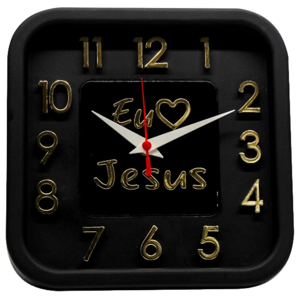 Relógio de Parede Preto  com Dourado Sigma Quadrado Eu Amo Jesus 24 cm Silencioso Decoração Sala Cozinha Escritório