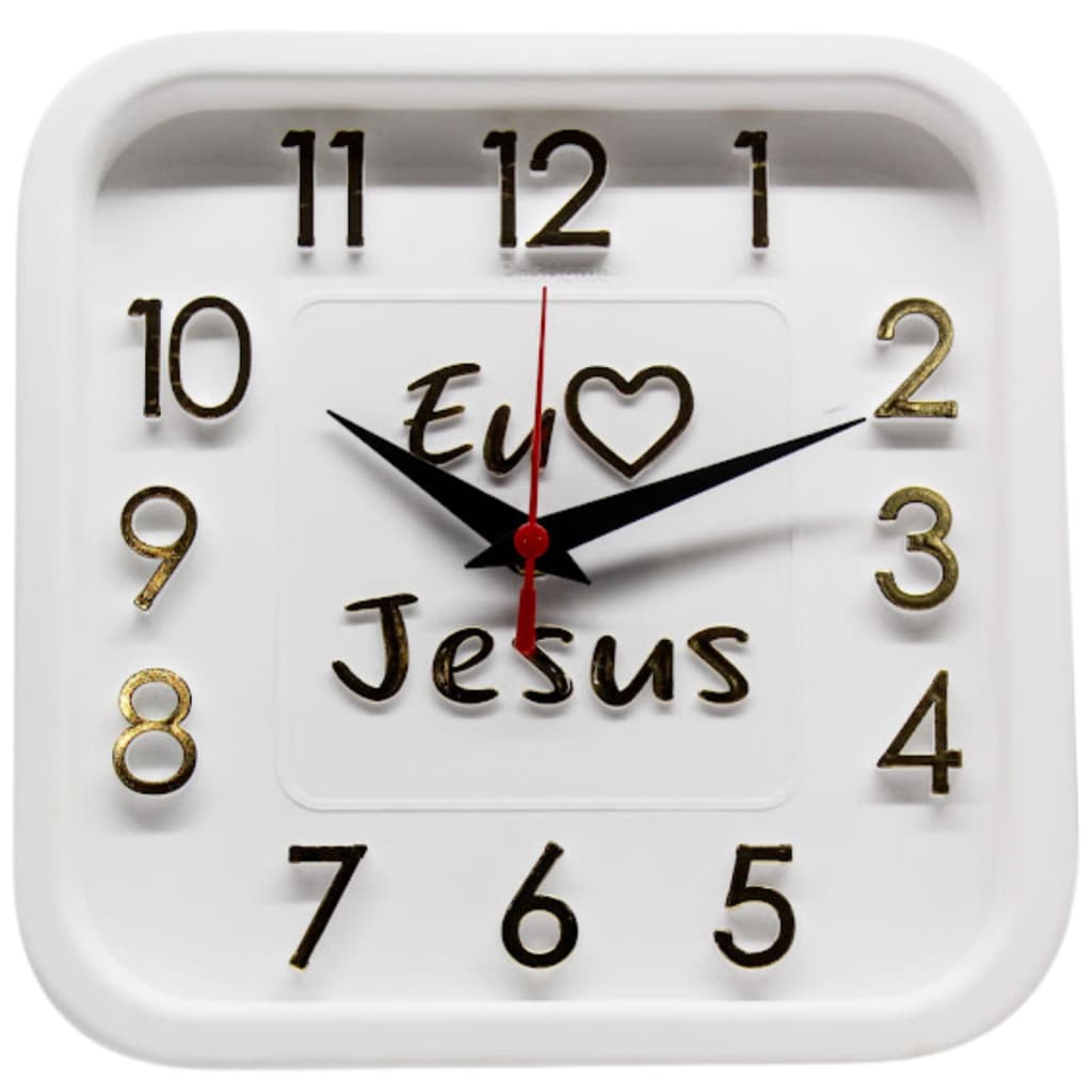 Relógio de Parede Branco  com Dourado Sigma Quadrado Eu Amo Jesus 24 cm Silencioso Decoração Sala Cozinha Escritório