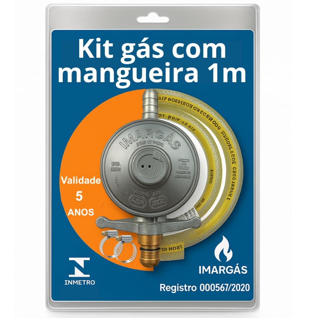 Kit Registro Regulador Gás de Cozinha para Botijão P13 Com Mangueira 1m e 2 Abraçadeiras