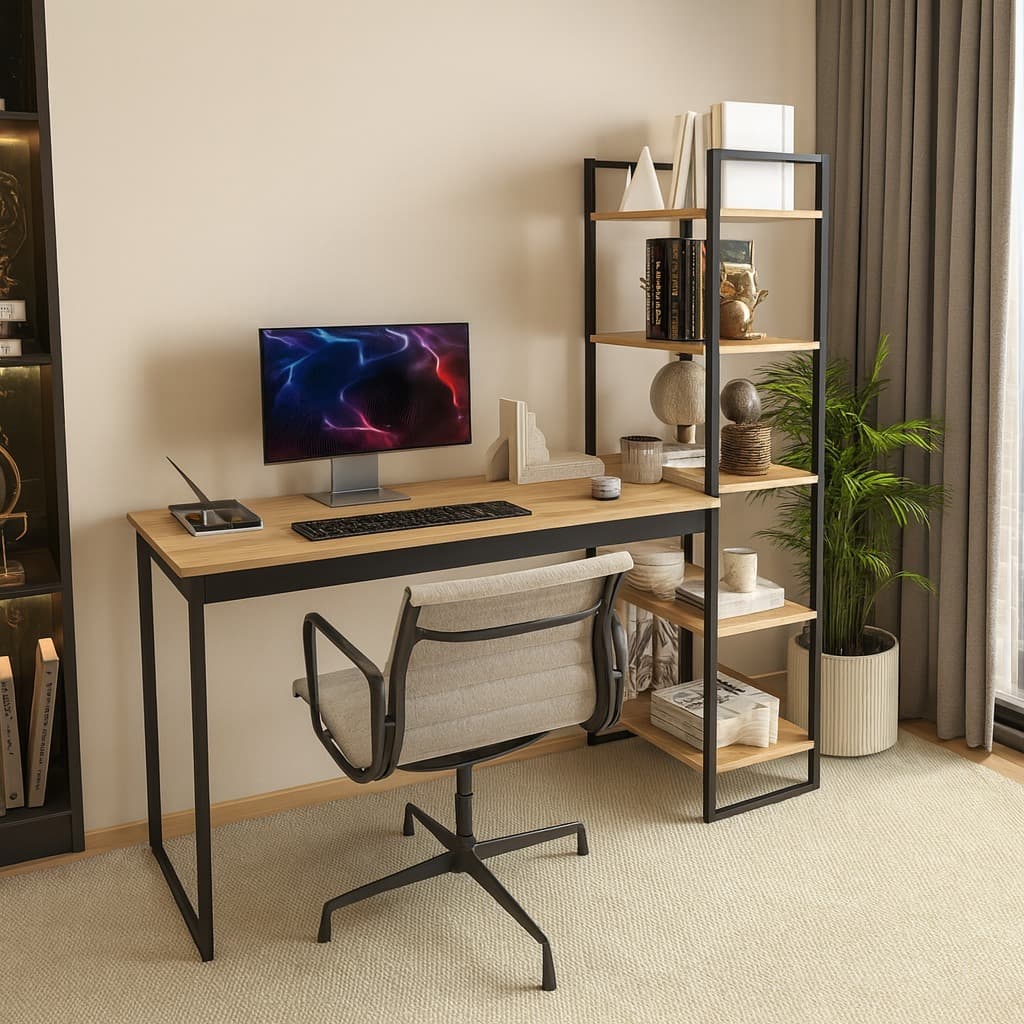 Escrivaninha Mesa Escritório Home Office Lâmina com Preto com 5 Prateleiras Estante Integrada Industrial Mod: Atenas Sho