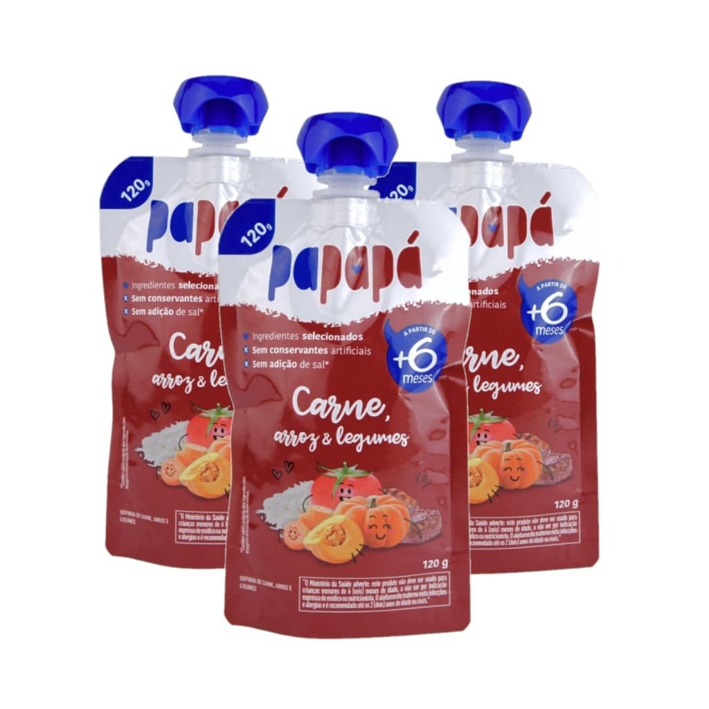 Papinha Papapá Carne Arroz Legumes Squeeze 120g Kit 3un