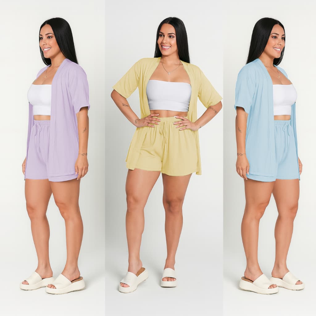 Conjunto Feminino Varias Cores Kimono e Short Confortavel Verão 2026 Level