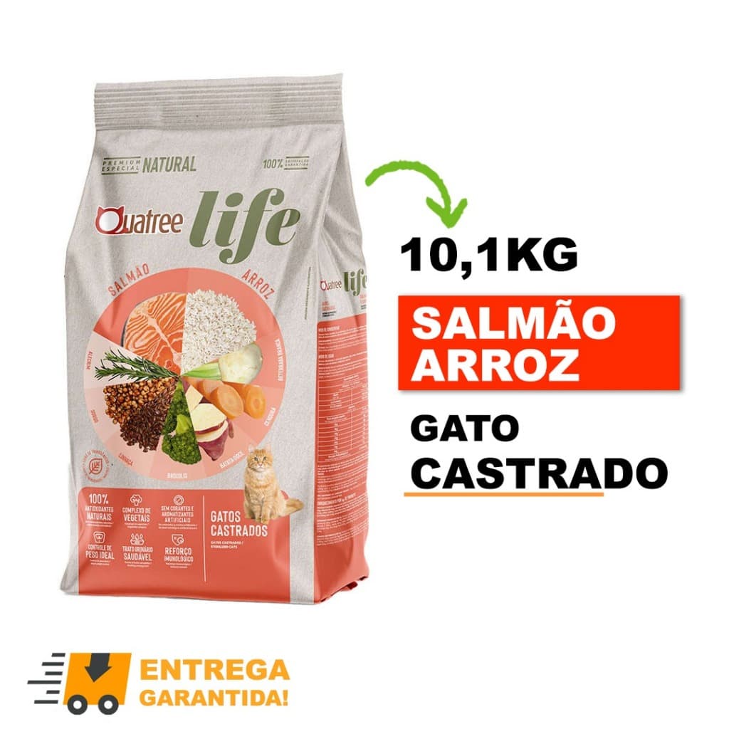 Ração Quatree Life Gatos Castrados Sabor Salmão 10,1kg-Envio Rápidos