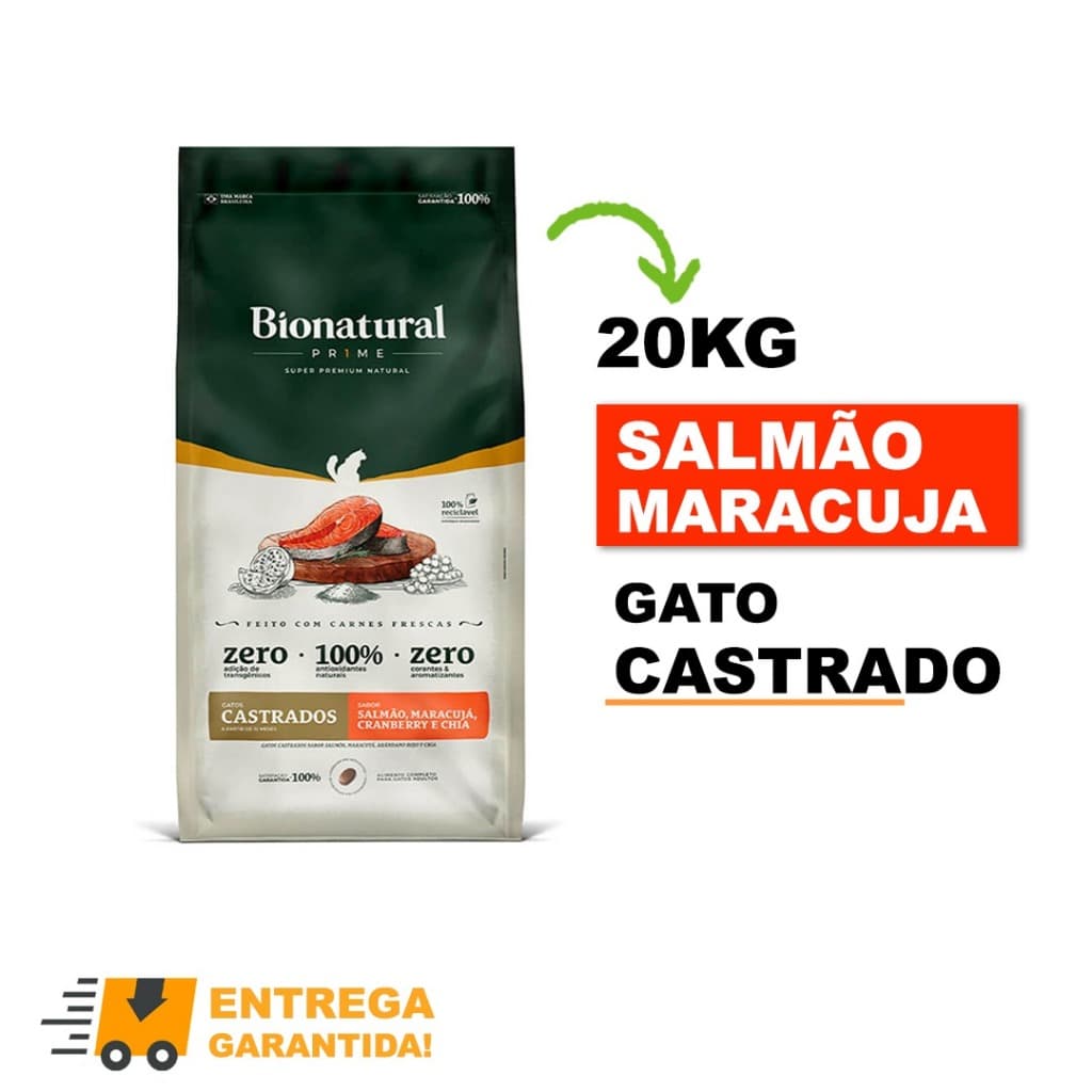 Ração Bionatural Prime Super Premium Gatos Castrados 20kg Salmão Envio Imediato