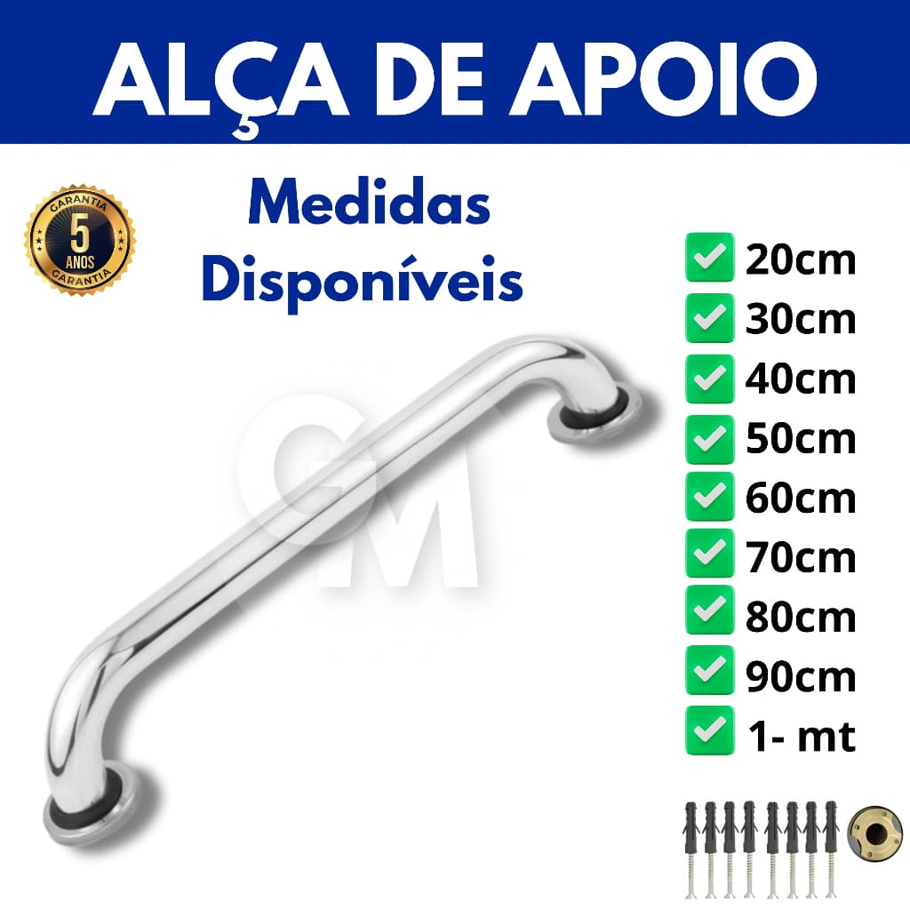Alça Barra de Apoio 20CM A 1M Corrimão para Banheiro,Corredor,Piscina etc Segurança e Acessibilidade Idoso PCD
