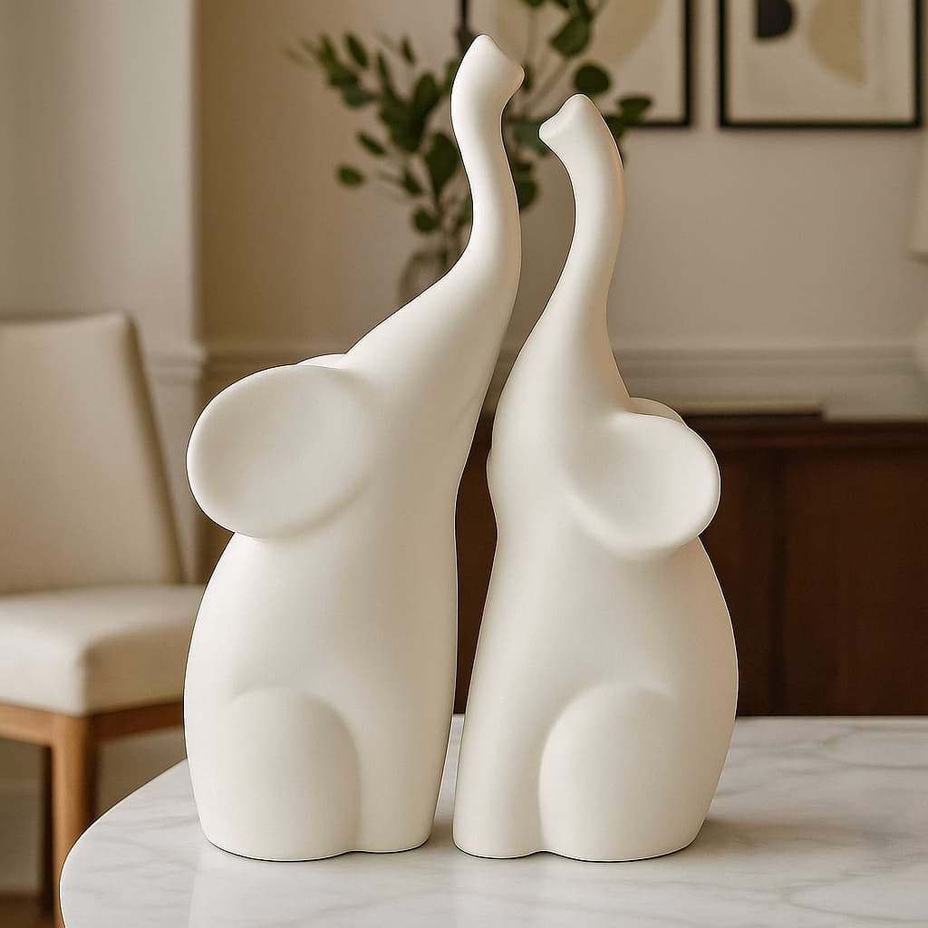 Dupla Casal de Elefantes Estatueta Enfeite decoração sala mesa estante rack ceramica Off white