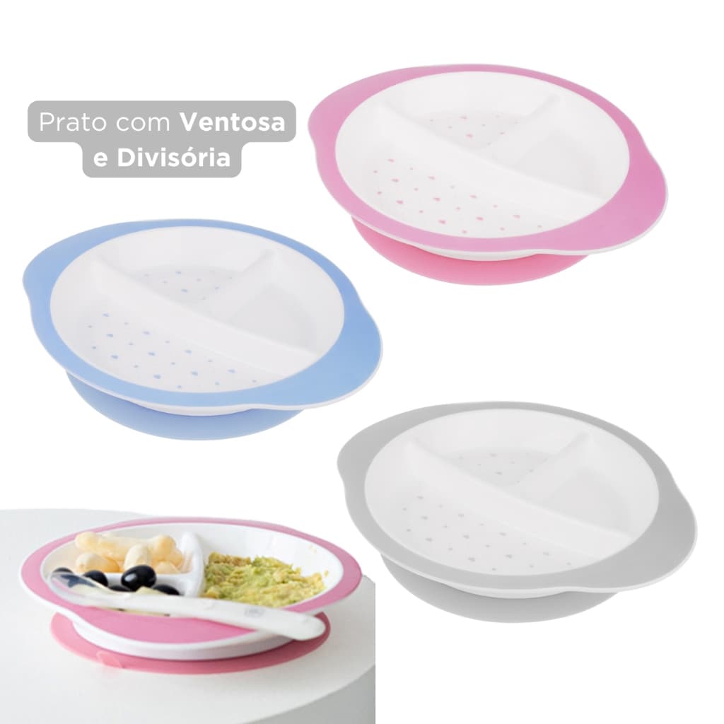 Pratinho para Bebê com Ventosa e Divisória para Menino e Menina Introdução Alimentar Prato Infantil