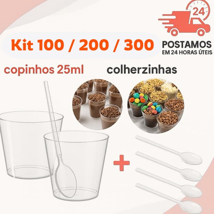 KIT CRISTAL 100 COPO MINI COPINHO POTINHO 25 ML BRIGADEIRO ACRÍLICO + 100 MINI COLHER PICOLO DOCINHO