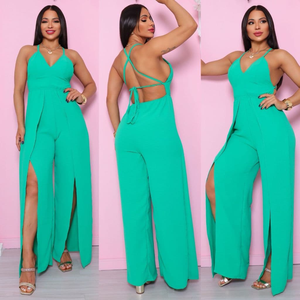 Macacão Pantalona Fenda Com Alça Ajustável Feminino Tecido Duna Tendência