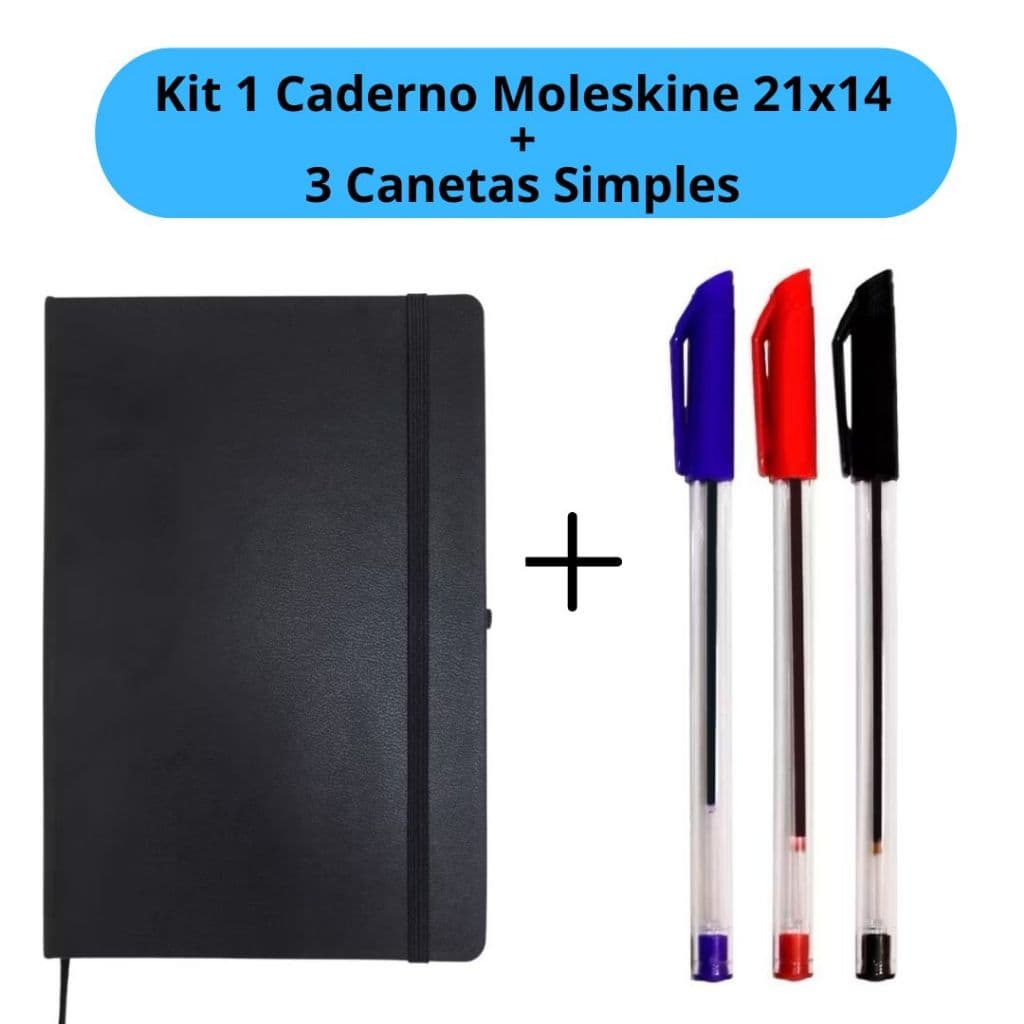 Caderno Moleskine 21x14cm + 3 Canetas Simple Vermelha Preto Azul Escolar