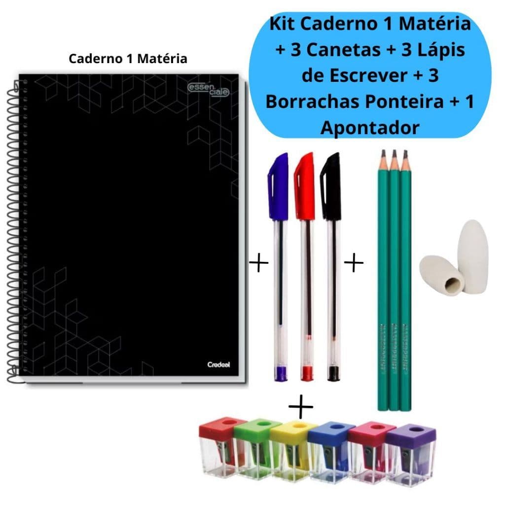 Kit Caderno 10 Matérias + 3 Canetas Simple + 3 Lápis de Escrever + 3 Borrachas Ponteira + 1 Apontador
