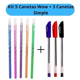 Kit 5 Canetas Wow Coloridas + 3 Canetas Simple Escolar Escritório