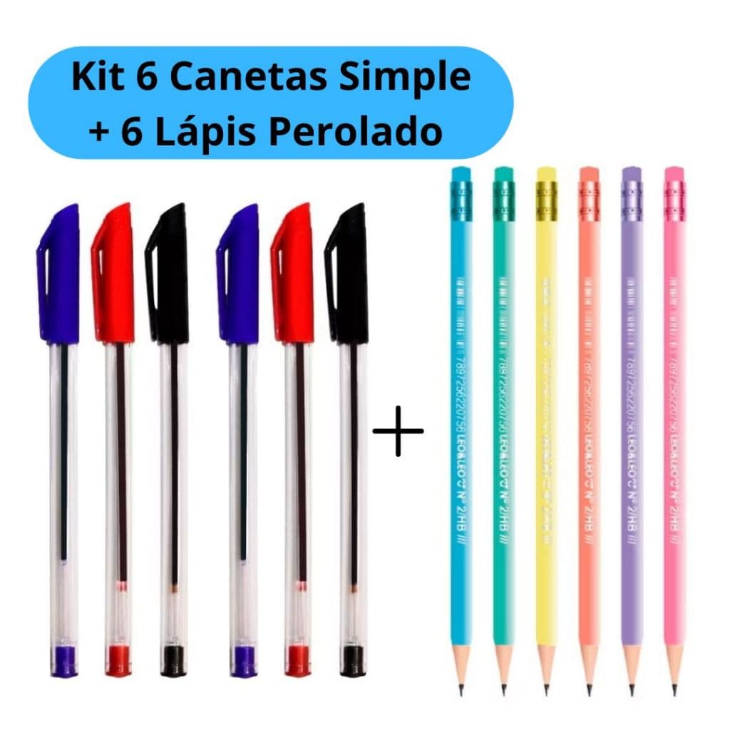 Kit 6 Canetas Simples 2 Cada Cor + 6 Lápis Perolado de Escrever Leo&Leo