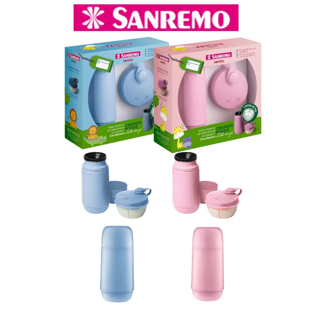 Conjunto Garrafa Térmica Infantil + Pote Dosador Com Divisórias Kit Passeio Sanremo Kit Presente