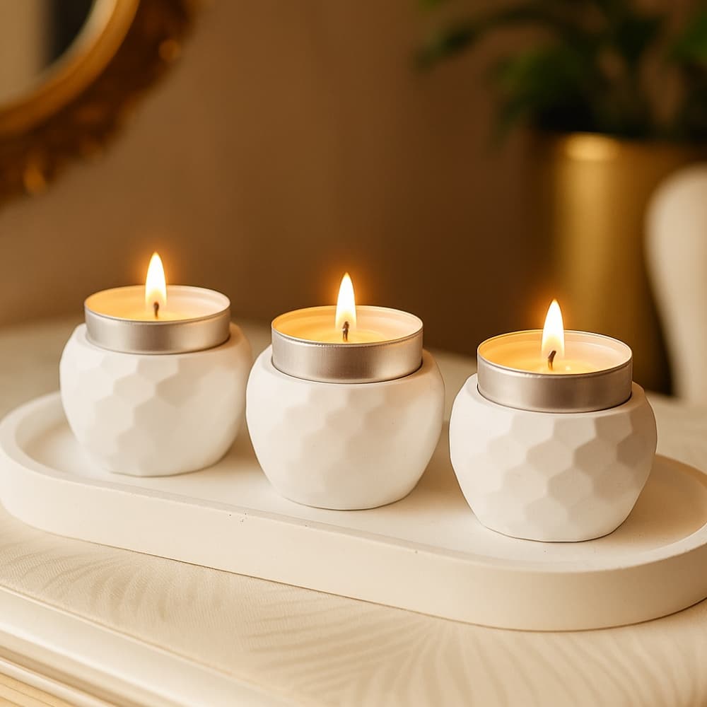 Kit 3 Vasinhos de Gesso Decorativos com Bandeja e Vela Aromática para Decoração Lembrancinha Aparador Ambiente
