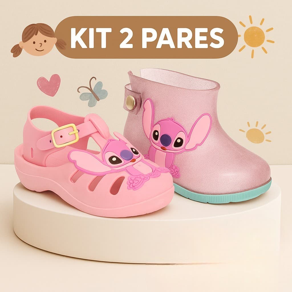 Kit 2 Pares Sandália e Galocha Infantil Baby Feminina Menina stitch Confortável Macia Leve