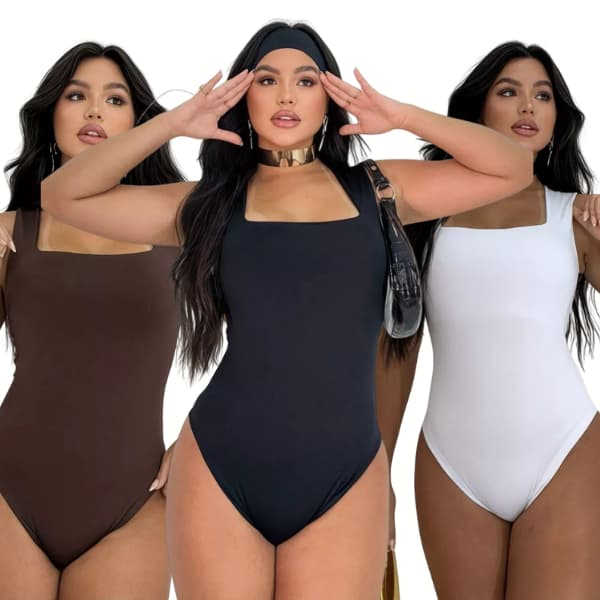 Kit 3 Body Feminino Decote Quadrado Alças Grossas Casual Elegante