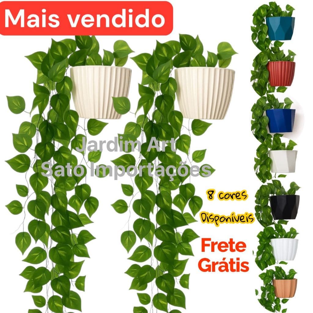 PAR de Vaso plastico cerâmico + 4 Planta Pendurada Verde Artificial Bambu Parede Varanda