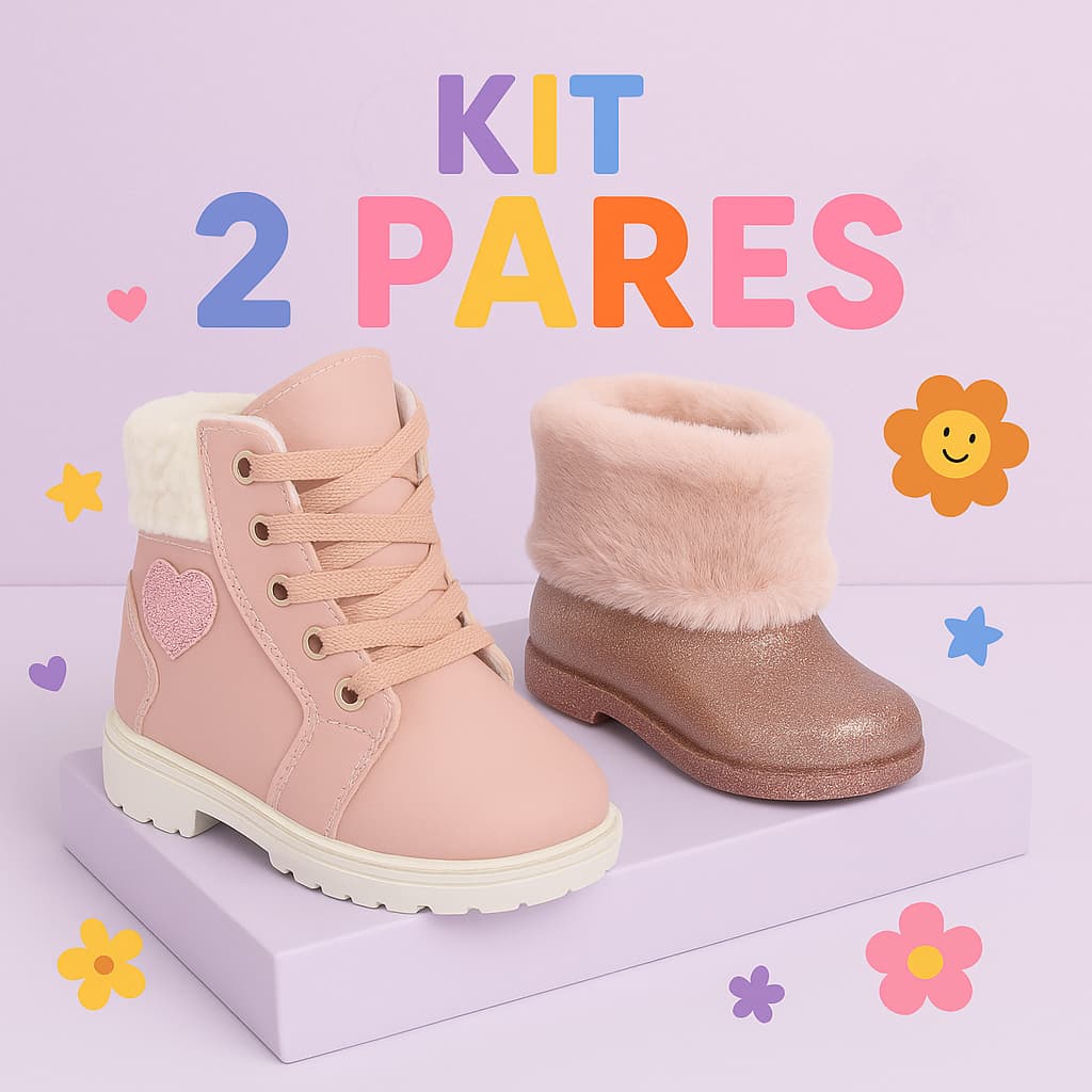 Kit 2 pares botinha e bota galocha infantil feminina menina pelúcia quentinha macia antiderrapante