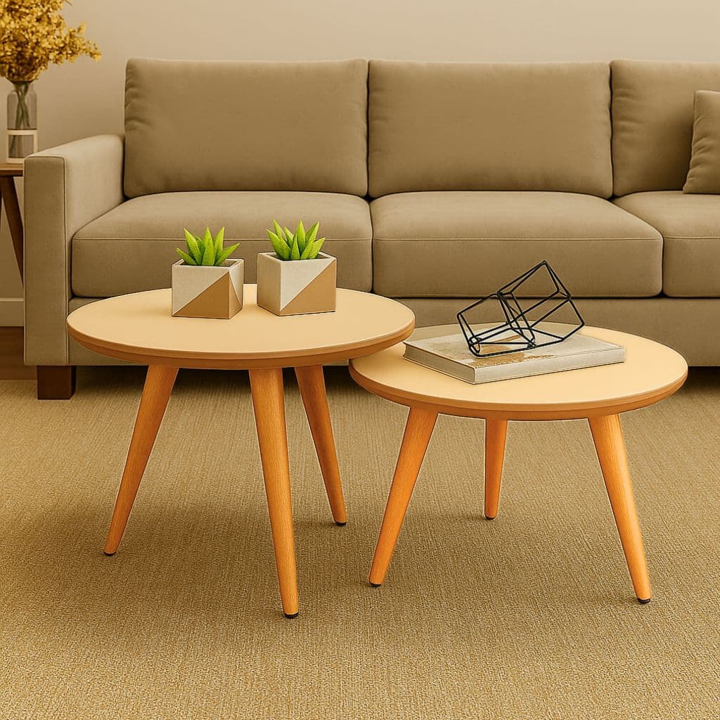 Conjunto 2 Mesinhas De Centro Sala Madeira Redonda Pé Palito